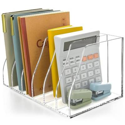 Clear Acrylic Magazine File Holder, 6 Compartment Desk Organizer | 6 spacious vertical compartments hold magazines, files, books & more. 5mm thick clear acrylic, non-slip base. No assembly.