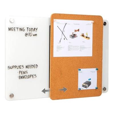 Mind Reader Glass Dry Erase Board with Sliding Corkboard, Wall Mounted Combination Whiteboard and Bulletin Board, 28" x 19.5"