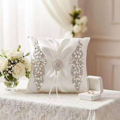 Luxury Wedding Ring Pillow with Rhinestone-Encrusted Cover, Elegant Satin Ring Bearer Pillow for Wedding Ceremony, Anniversary, Proposal - Ivory White (White)