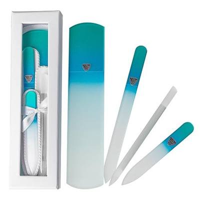 Bona Fide Beauty Czech Glass Gift Set: Foot File, Nail File, Cuticle Pusher | Aqua color set: genuine Bohemian crystal glass set includes protective cases and sleeves. Reusable and easy to clean.