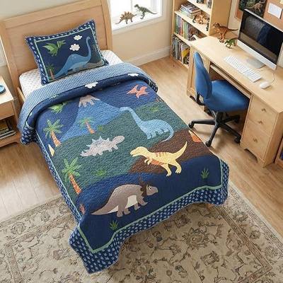 Soul & Lane - Dinosaur Quilt Set, Kids Dino Bedding, Twin with 1 Sham | Comforter Set for Toddlers, Reversible Blue Check Bedspread, T-Rex Quilted Coverlet for Boys and Girls, Prehistoric Decor