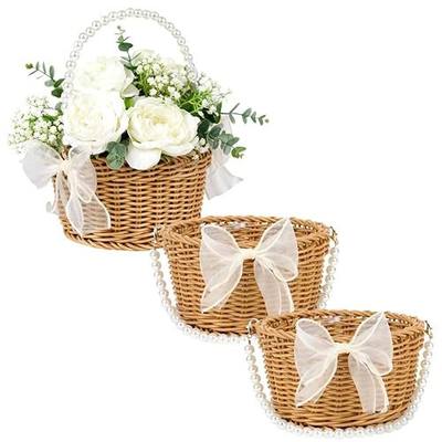 Flower Girl Basket Set of 3 - Small Wicker Rattan Baskets with Pearl Handle & Bow for Rustic Weddings, Easter Basket, or Garden Storage