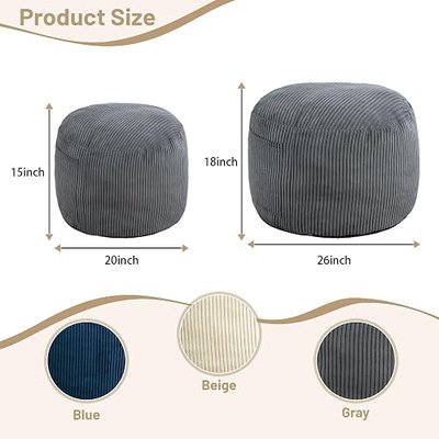 Round Stuffed Pouf Ottoman (Gray, 20" D x 20" W x 15" H) | Corduroy Foot Rest with Rebound Foam Filling, Furry and Fluffy Foot Stool Ottoman, Floor Poufs for Living Room