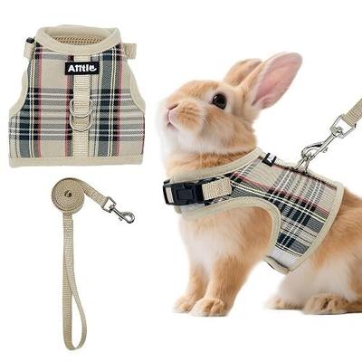 AIITLE Bunny Harness and Leash Set Escape Proof - Magic Tape Design, Lightweight Plaid Pattern Mesh Padding, No Pull No Choke for Puppy Cat Rat Squirrel Ferret, Outdoor Walking Running, Beige S