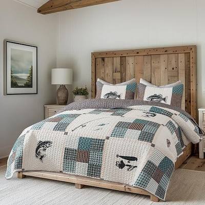 Soul & Lane - Fishing Quilt Set, Lake Cabin Bedding, Queen with 2 Shams | Fish Comforter Set, Rustic Lodge Bedspread, Quilted Coverlet for Lakehouse Rooms, Cozy Outdoor Fisherman Theme Bedroom Decor