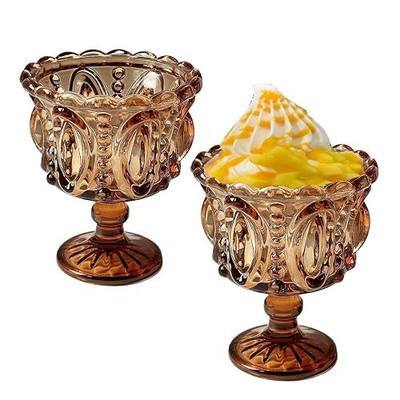 Carnival Glass Vintage Footed Dessert Cups Set of 2, 9oz Embossed Goblet Chalice Glass for Ice Cream Sundae,Sweet Dish, Whiskey,Bar Party Table Decor