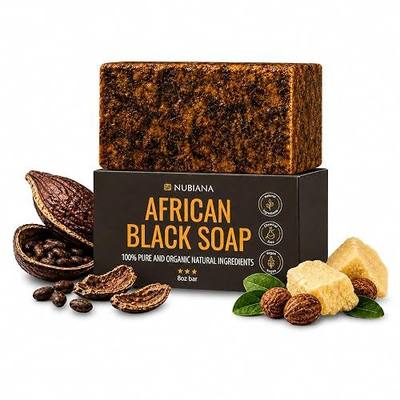 Nubiana Raw African Black Soap Bar 8oz Pure 100% Authentic, Ghana Made | Handmade with unrefined shea butter and cocoa pod ash unscented cleanser gently supports skin and scalp health