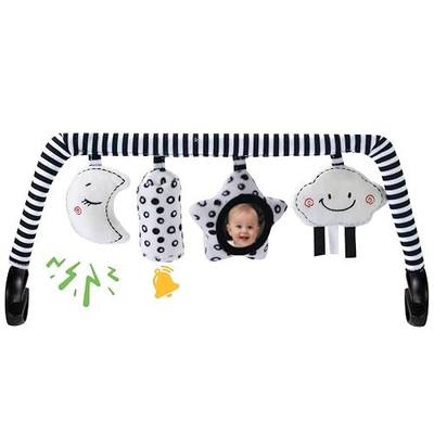 TinlyFinly Baby Bouncer Toy Bar Soft with 4 Hanging Sensory Toys Attachment, Compatible with Baby Bjorn Bouncer, with Mirror, Rattle, Crinkle Sound for Babies All Ages (Black and White Shapes)
