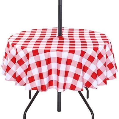 Poise3EHome Round Outdoor Tablecloth with Umbrella Hole and Zipper,Red and White Gingham 60 Inch,SpillProof Washable Table Cloth for Spring Summer Patio Garden Poolside Picnic Camping BBQS