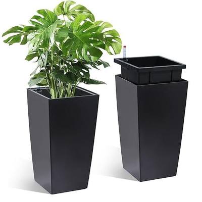 Garvee 16" Tall Planters Set of 2, Outdoor&Indoor Black Planter Pots, High Front Porch Planter Pots with Drainage Holes&Water Level Monitor&Inner Bucket,Black