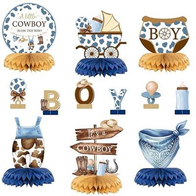 ANGOLIO Cowboy Baby Shower Honeycomb Centerpieces, 12Pcs Party Decorations | Western A Little Cowboy Is On The Way Table Decor, Gender Reveal, Boy Birthday Party Supplies, West Theme 3D Table Toppers