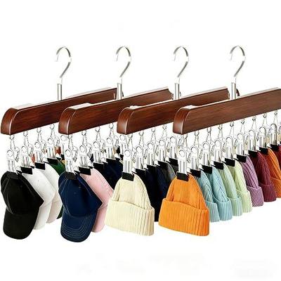 4 Pack Hat Hangers for Closet Display, Wooden Hat Storage Organizer with 40 Metal Clips for Baseball Caps, Summer Hat Rack for Beanie, Skullies, Visors, Walnut Brown Color