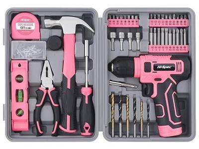 Hi-Spec 8V Cordless Drill Set & Starter Tool Kit for Women, Pink | Ladies, USB Drill Driver, Essential Hand Tools, Compact, Tidy Home Projects, Screwdriving, Repairs, Light-Duty