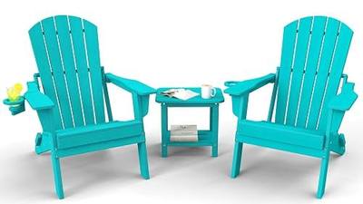 3-Piece Folding Adirondack Chair Set - 38" Extra Tall Back & Embossed Wood Grain, Oversized HDPE Patio Furniture with Side Table & Cup Holders, 380lb Heavy Duty, Aruba Blue