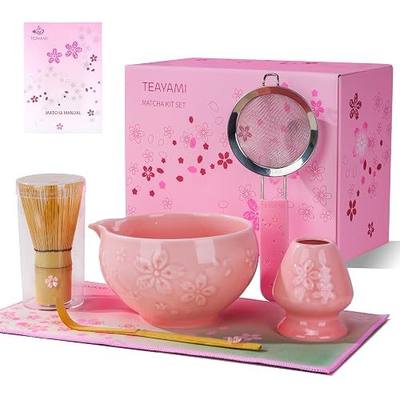 Matcha Whisk Set, 6pcs Matcha Kit Includes Matcha Bowl with Spout, Bamboo Whisk & Scoop with Cute Charm, Chasen Holder, Innovative Sifter, Tea Mat for Latte Making, Pink