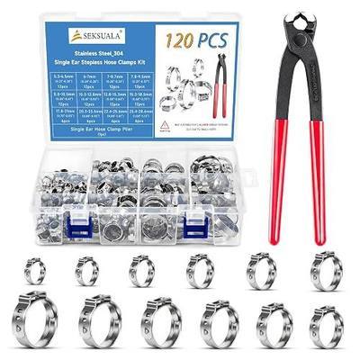 120PCS Hose Clamp Kit – 304 Stainless Steel Single Ear Clamps, 12 Sizes (5.3mm-28.6mm / 3/16"-1-1/8") with Pincer & Case – for Automotive, Plumbing, Farm, Garden, Lawn & Industrial Pipes