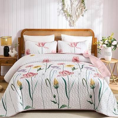 WONGS BEDDING Pink Quilt Set King,3 Pieces Colorful Delicate Floral Bedspread Set, Soft Lightweight Reversible Bedding Coverlet with 2 Pillowcases(110"x90")