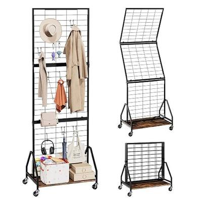 ELYKEN Foldable Grid Wall Panels, 5.7 x 2 FT Movable Gridwall Display Rack | with Wheels and Adjustable Foots, Wire Retail Display Stand for Vendor with Storage Shelf, Rustic Brown