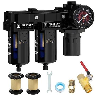 NEWPO 3/8'' NPT Air Drying System,Double Brass Filter Compressed Air Regulator,Air Pressure Regulator Combo 5&5 Micron Filter Cartridge,Semi-Auto Drain