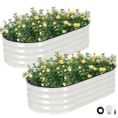 Galvanized Raised Garden Bed Outdoor, 2Pcs 4x2x1ft Oval Planter Box with Rubber Strip,Metal Raised Bed Kit for Vegetables Flowers Herbs, White