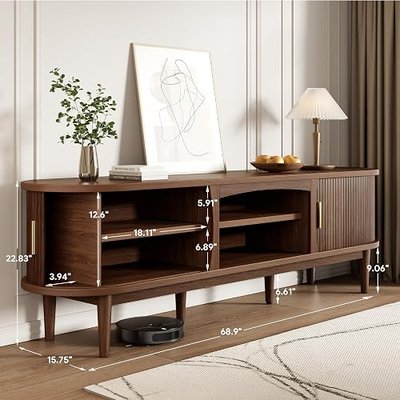 Decofy Mid Century TV Stand for TVs up to 80 Inches, Entertainment Center with Storage, Power Outlet, Fluted Sliding Doors & Adjustable Shelves, Modern Media TV Console Table for Living Room (Walnut)