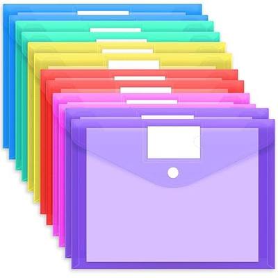 EOOUT 12pcs Plastic Envelopes Poly Envelopes, Hook & Loop Closure File Folders, A4 Size File Envelopes with Label Pocket for School and Office Supplies