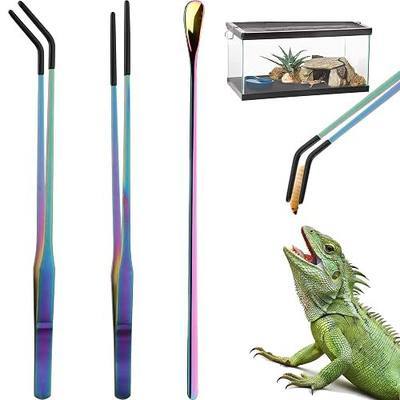 3PCS 10.6" Straight & Curved Reptile Feeding Tongs Set with Spoon | Soft Rubber Tips,Appropriate Length,Stainless Steel,Terrarium & Aquarium Essential Feeding Tools