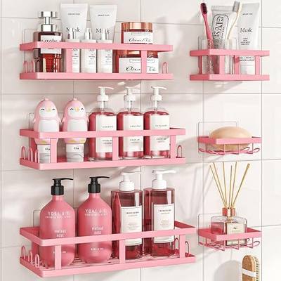 Youvip Pink Shower Caddy 6 Pack, Adhesive Shower Shelves | Pink Bathroom Decor, No Drilling, Rustproof, Large Capacity, 6 Adhesives, 24 Built-in Hooks, Dorm Apartment