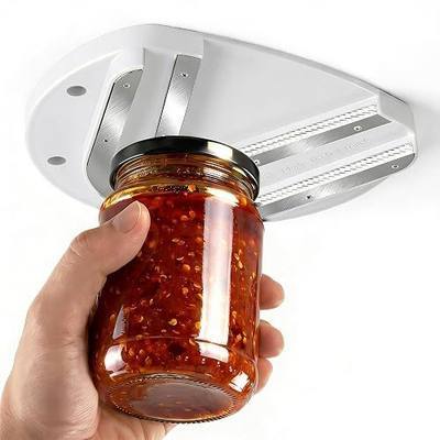 Mount-on Cabinet Jar Opener for Weak Hands,Seniors with Arthritis,Double U Shaped Grooves Grip Bottle Opener for Any Size Lid,304 Stainless Steel One-Handed Can Opener Tool for Home Assistance,White