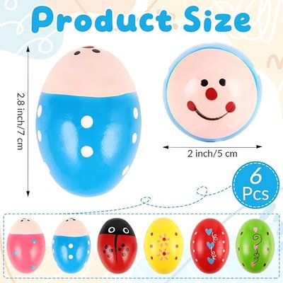 6 Pcs Wooden Egg Shakers, Musical Maracas Percussion Instruments, Musical Easter Eggs for Playing, Music Educational Tools, Easter Party Favors