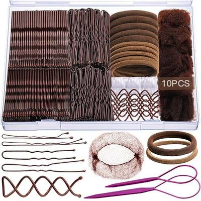 Teenitor Brown Bobby Pins Hair Pins Hair Net Kit, 11 Styles Bobby Pins for Women U Shaped Hair Pins, Hair Nets for Buns Spiral Pins, Hair Ties Hair Styling Tools for Women Girls Dance Ballet Brown