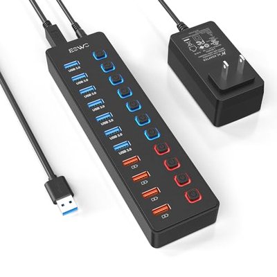 JESWO 11-Port USB 3.0 Splitter (7 Data Transfer Ports + 4 Smart Charging Ports), Powered USB Hub with Individual LED On/Off Switches and 12V/3A Power Adapter