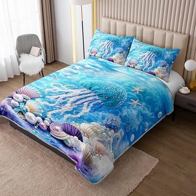 AILONEN Cartoon Blue Jellyfish Quilt Bedding Sets Queen Size, Girls Ocean Shell Pearl Theme Quilt Set Printed - 3 Pieces,Underwater World Bedspread Coverlet Set Soft Microfiber Quilt & 2 Pillowcases