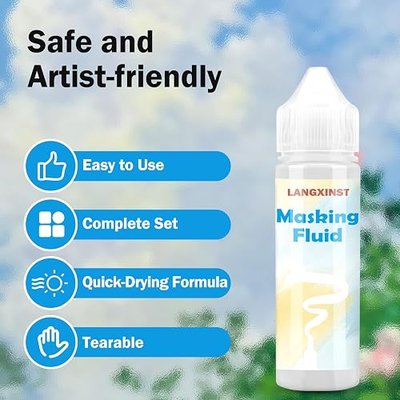 30ml White Masking Fluid for Watercolor Painting with Brushes and Eraser | Easy-peel masking fluid preserves clean white areas and sharp edges; includes two brushes and an eraser.