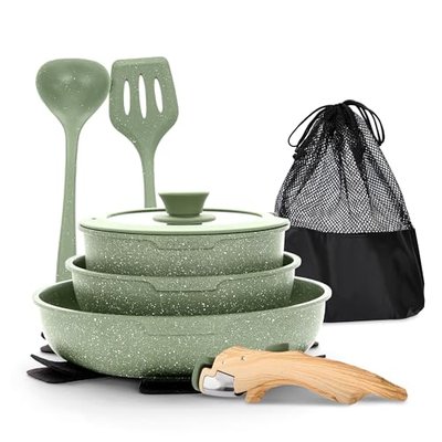 MAISON ARTS Camping Pots and Pans Set Non Stick with Removable Handle | Stackable Granite RV Cookware Set for Camper, 100% PFOA & PFAS Free Non Toxic, Compatible All Major Types of Cooktops