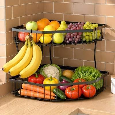 2 Tier Fruit Basket for Kitchen Counter - Detachable Metal Fruit Bowl with 2 Banana Hangers for Corner , Large Capacity Fruit Stand with Wooden Handle for Bread Fruit and Vegetable Storage- Black