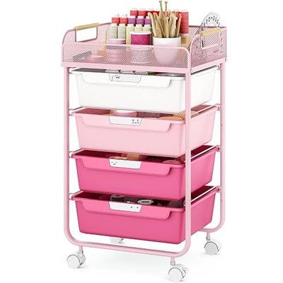 SYKIARIOL 4-Drawer Rolling Storage Cart with Mesh Top, Utility Craft Organizer Cart on Wheels with DIY Labels, Rolling Drawer Cart for Home Office Classroom Bedroom, Rose Pink