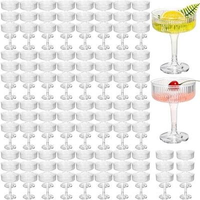 Jingmore 100 Pcs Ribbed Martini Glasses 7 oz Disposable Plastic Vintage Ribbed Coupe Glasses Cocktail Unbreakable Dessert Parfait Glassware for Wedding Birthday Party Supplies (Clear)