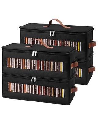 Qozary CD Storage Box - 4 Pack CD Case Holder with Clear Window, Holds 150 Jewel Cases, Media Storage Rack for CDs, Video Game Disks, Blu Ray Disc-16.5 × 8.3 × 8 in, Black