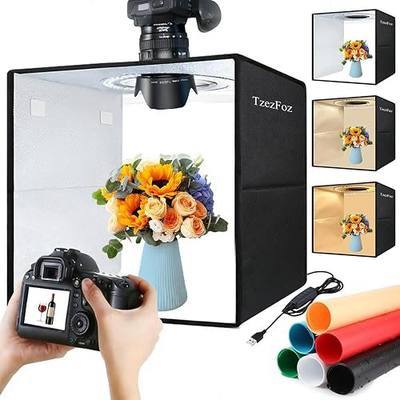 16x16in Folding Portable Photo Lighting Studio with Ring Light, 224 LEDs 10-Level Dimmable USB Powered Shooting Tent Box with 6 Color Backdrops & Diffuser for Product Photography