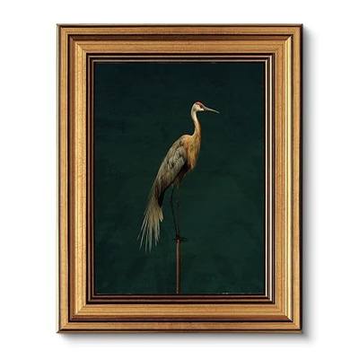 VIYYIEA Vintage Gold Framed Wall Art for Living Room, Dark Green Background Crane Pictures Wall Decor, Bird Oil Painting Canvas Print for Classroom Bedroom Kitchen - 8L x 10W