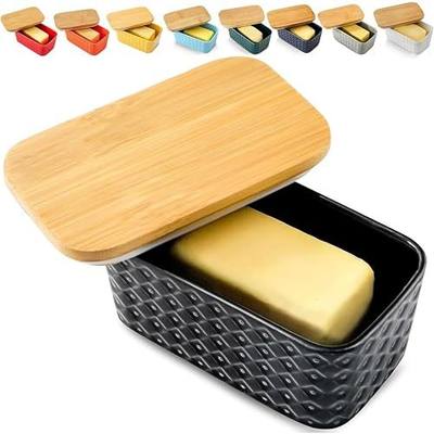 Hasense Ceramic Butter Dish with Lid, Black Butter Container for Countertop Airtight Butter Stick Covered Keeper, Embossed Pattern,Easy Clean Dishwasher Safe