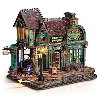 FUNPOLA 3D Wooden Puzzle Magic Bookstore with LED Lights - DIY Miniature Kit, Spellbound Bookshop, Home Décor Display, Creative Gift for Adults