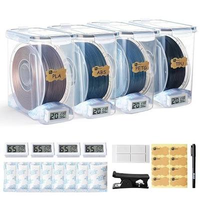 Filament Storage Box - 4 Pack 4L 3D Printer Filament Containers with 4 Hygrometers, Airtight Dry Boxes for Sealing and Protection, Water-Proof & Dust-Proof, Reusable Desiccant, Tube Cutter