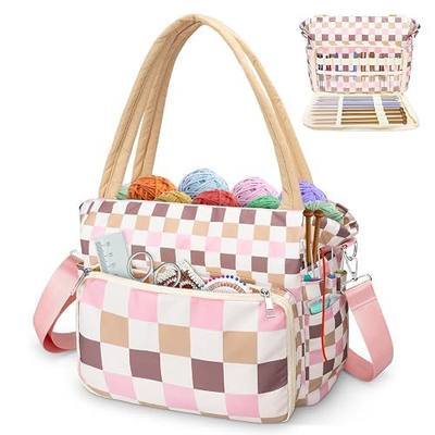 DALINDA Crochet Bag Organizer,Yarn Bag and Tote- Yarn Storage with Multiple Pockets for Crochet Supplies, Knitting Bag for Gifts,Portable & Durable(Beige Pink Plaid)
