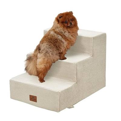 Joydeco Dog Stairs for Bed 15" H, 3-Step Pet Steps for Small Dogs and Cats, Dog Steps for High Bed, Non-Slip Balanced Ramp Indoor Pet Stairs, Beige