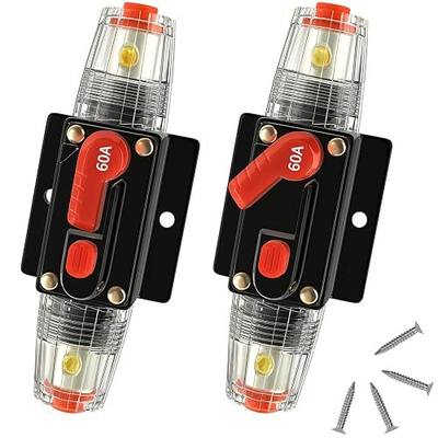 60 Amp Manual Reset Circuit Breaker DC 12-48V Waterproof Inline Fuse Holder, 3-15 AWG Overload Protection for Car Audio Sound Amplifier System RV Marine Boat Truck Solar (Pack of 2)