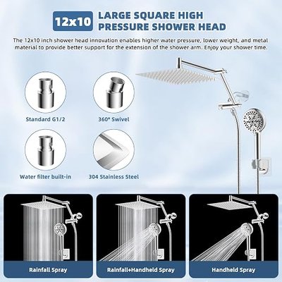 12” All Metal Rain Shower Head, High Pressure Rainfall Shower Head with Handheld Spray Combo, 5” Handheld Spray Powerful Clean 10-Mode, 16" Shower Extension Arm, 71" Hose, 3-Way Diverter, Chrome