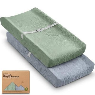 2-Pack Muslin Diaper Changing Pad Covers Boy, Girl – Soft Breathable Muslin Cotton Changing Table Cover, Organic Baby Changing Pad Sheets, Contoured Change Pads Liners Washable 34 x 18 (Slate)
