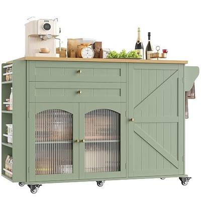 FINETONES 52" Kitchen Island with Storage, Rolling Kitchen Carts on Wheels | Kitchen Island on Wheels with Drop Leaf Countertop, Island Table Bar Cart with Spice Towel Rack Portable Kitchen Table, Green